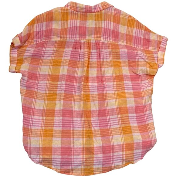 Time & Tru Women's Linen Blend Shirt L Plaid Button-Up Pink Orange Short Sleeve - Picture 2 of 14